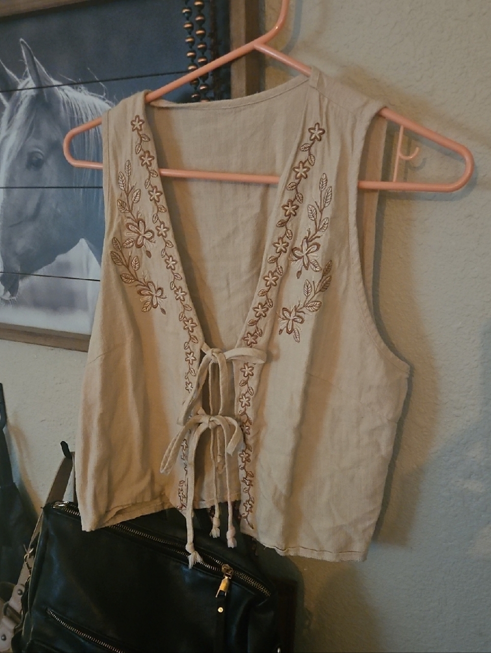 Embroidered Cream Tie-Front Sleeveless Top